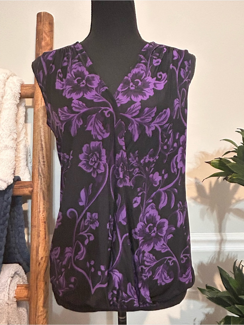 INC International Concepts Black Tank with Purple Floral Motif Size PS